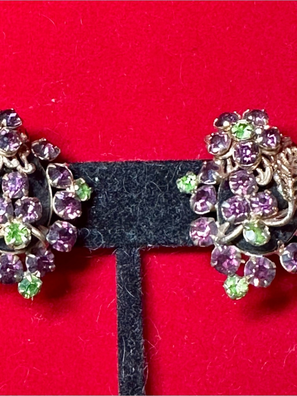 Fancy Vintage Purple and Green Rhinestone Cluster Clip On Earrings in Gold tone